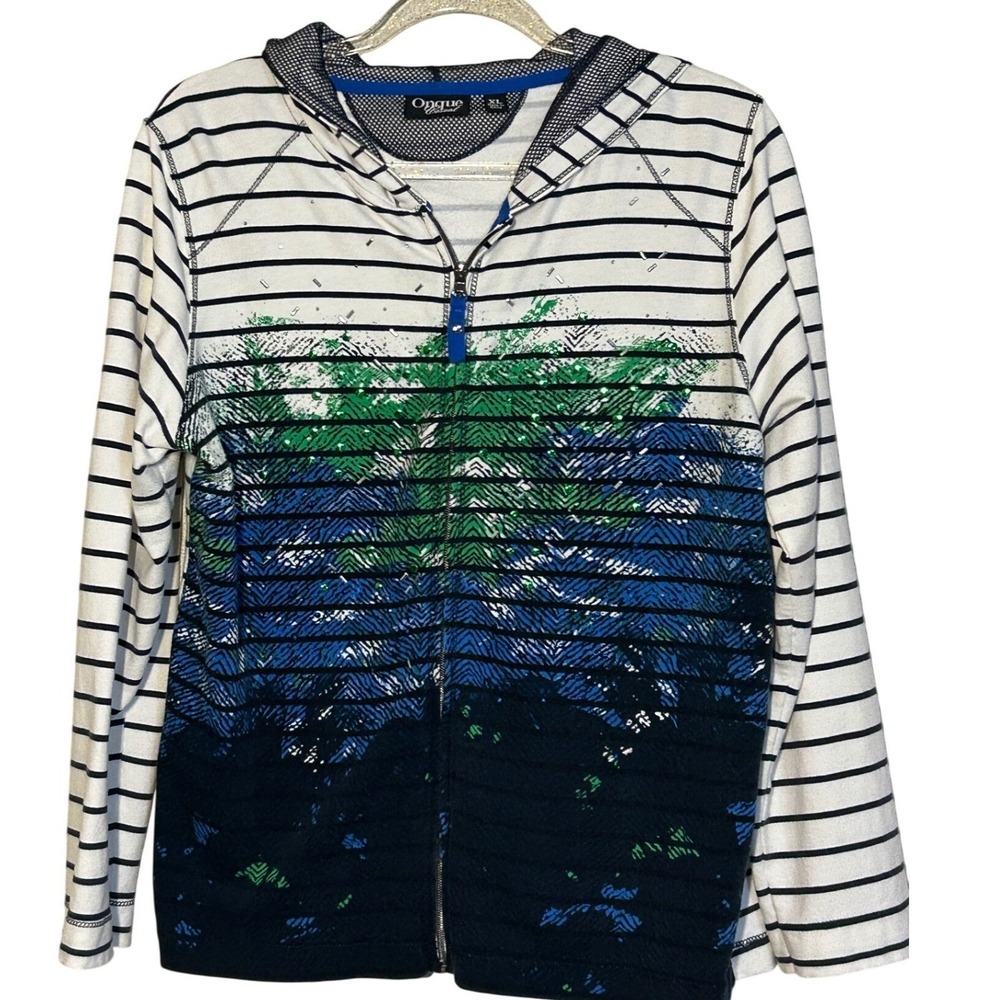 Onque Casuals Womens XL Striped Full Zip Mesh Hooded Sweatshirt White Blue